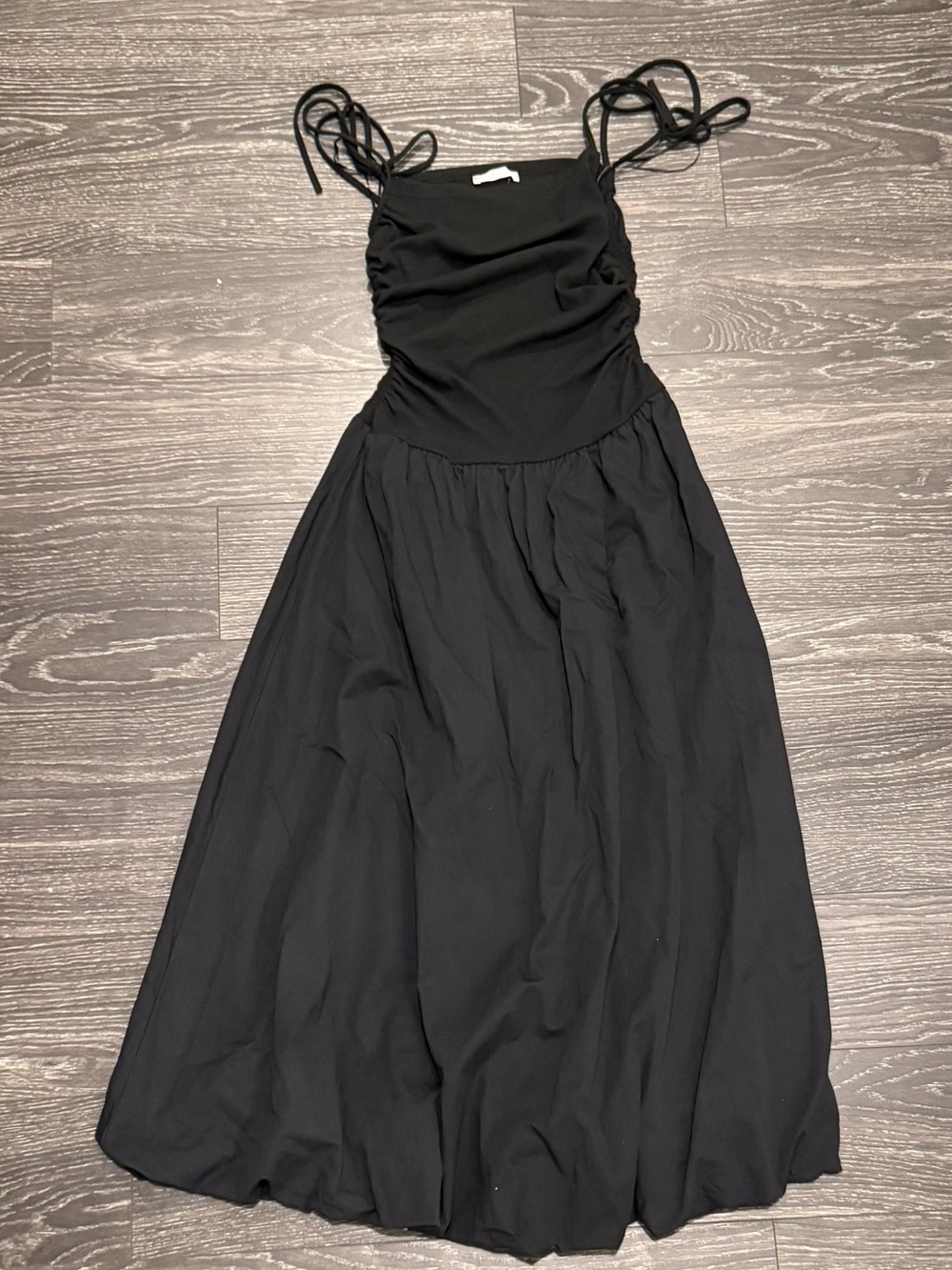 Black Shoulder-Tie Bubble Skirt Midi Dress